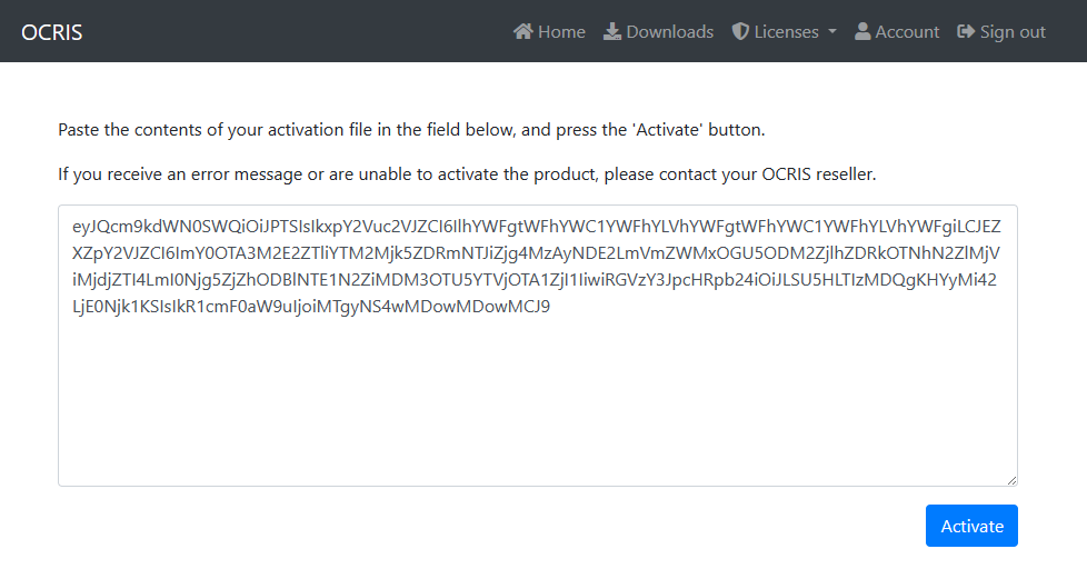 The manual activation tool - entering an activation request payload