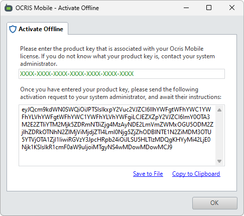 The offline license activation prompt