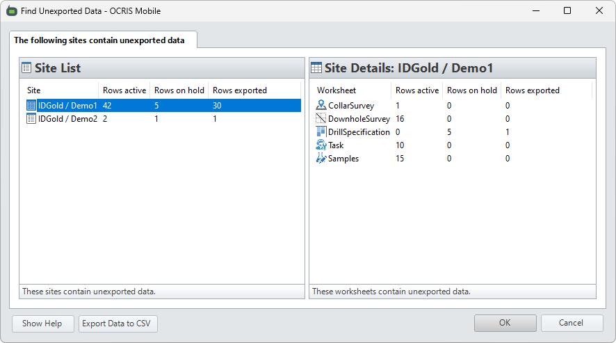 The find unexported rows UI