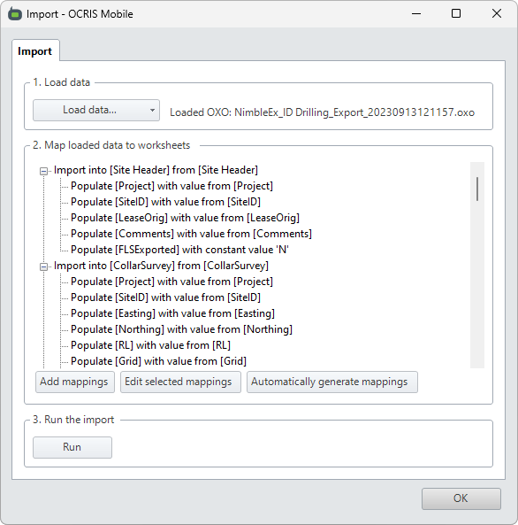 The import UI with everything mapped, ready to run