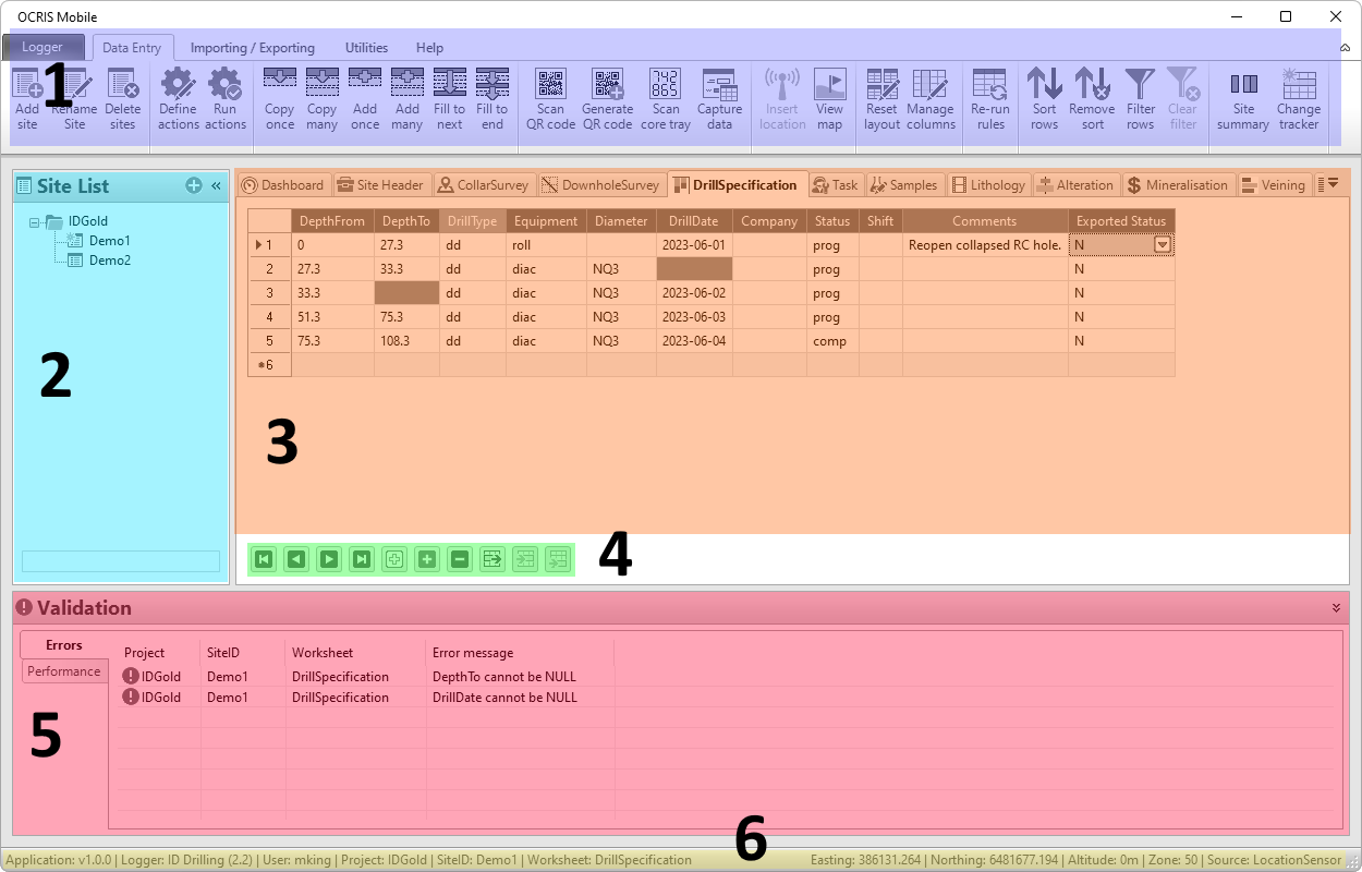 The main UI from above, divided into 6 sections