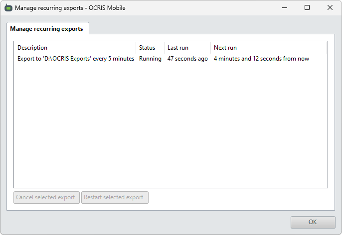 The recurring export management UI