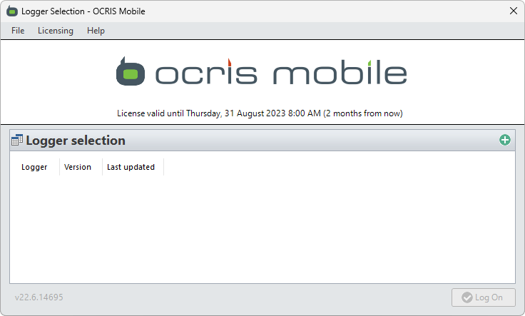 The OCRIS Mobile login screen, with license details shown