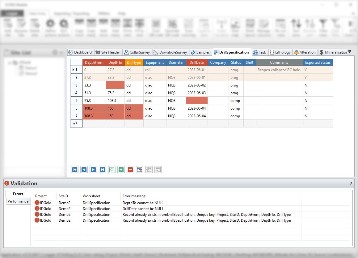 The data validation view